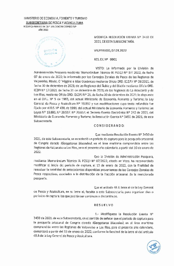 Res. Ex. 0001-2022 Modifica Res. Ex. N° 3450-2021 Establece Periodo de Captura para el Recurso Congrio Dorado en Área que Indica, Año 2022. (Publicado en Página Web 07-01-2022).