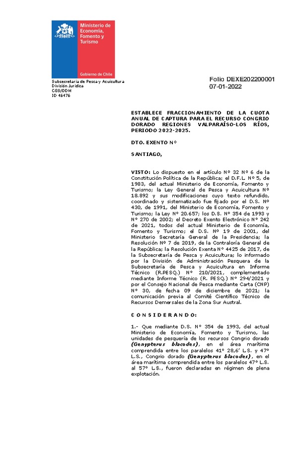 Dec. Ex. Folio N° 202200001 Establece Fraccionamiento de la Cuota Anual de Captura para el Recurso Congrio Dorado Regiones Valparaíso-Los Ríos, Período 2022-2025. (Publicado en Página Web 10-01-2022)