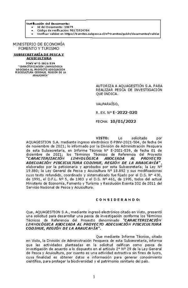 R. EX. Nº E-2022-020 CARACTERIZACIÓN LIMNOLÓGICA ASOCIADA AL PROYECTO ADECUACIÓN PISCICULTURA CODIHUE, REGIÓN DE LA ARAUCANÍA. (Publicado en Página Web 10-01-2022)