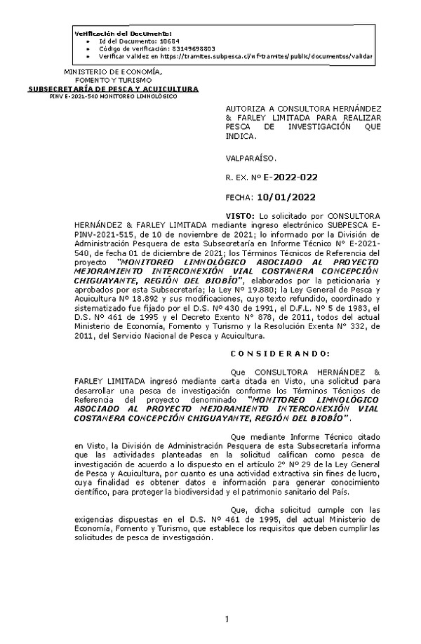 R. EX. Nº E-2022-022 MONITOREO LIMNOLÓGICO ASOCIADO AL PROYECTO MEJORAMIENTO INTERCONEXIÓN VIAL COSTANERA CONCEPCIÓN CHIGUAYANTE, REGIÓN DEL BIOBÍO. (Publicado en Página Web 10-01-2022)