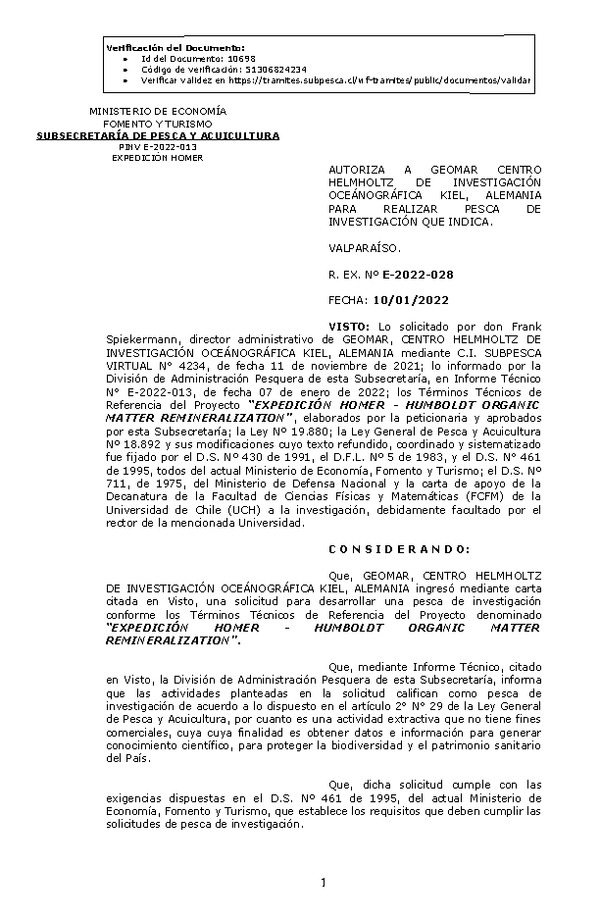 R. EX. Nº E-2022-028 EXPEDICIÓN HOMER - HUMBOLDT ORGANIC MATTER REMINERALIZATION. (Publicado en Página Web 10-01-2022)