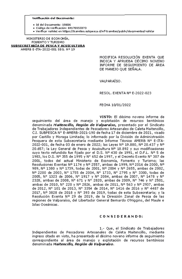 RESOL. EXENTA Nº E-2022-023 Modifica resolución que indica, Aprueba 19° seguimiento. (Publicado en Página Web 10-01-2022)