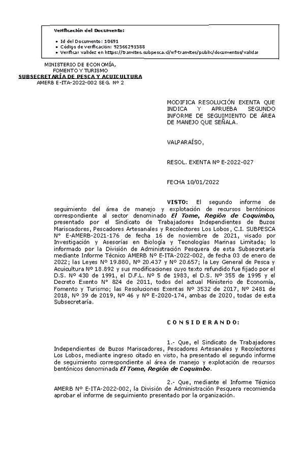 RESOL. EXENTA Nº E-2022-027 Modifica resolución que indica, Aprueba 2° seguimiento. (Publicado en Página Web 10-01-2022)