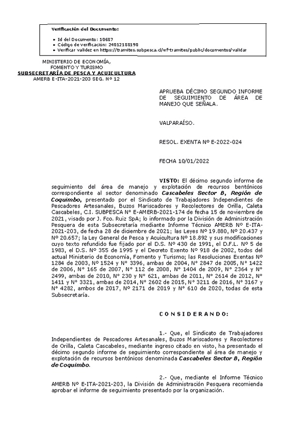 RESOL. EXENTA Nº E-2022-024 Aprueba 12° seguimiento. (Publicado en Página Web 10-01-2022)