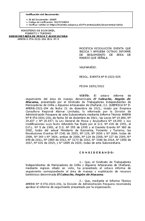 RESOL. EXENTA Nº E-2022-025 Modifica resolución que indica, Aprueba 8° seguimiento. (Publicado en Página Web 10-01-2022)