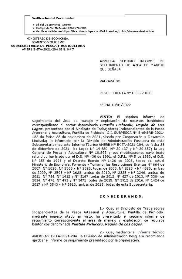 RESOL. EXENTA Nº E-2022-026 Aprueba 7° seguimiento. (Publicado en Página Web 10-01-2022)