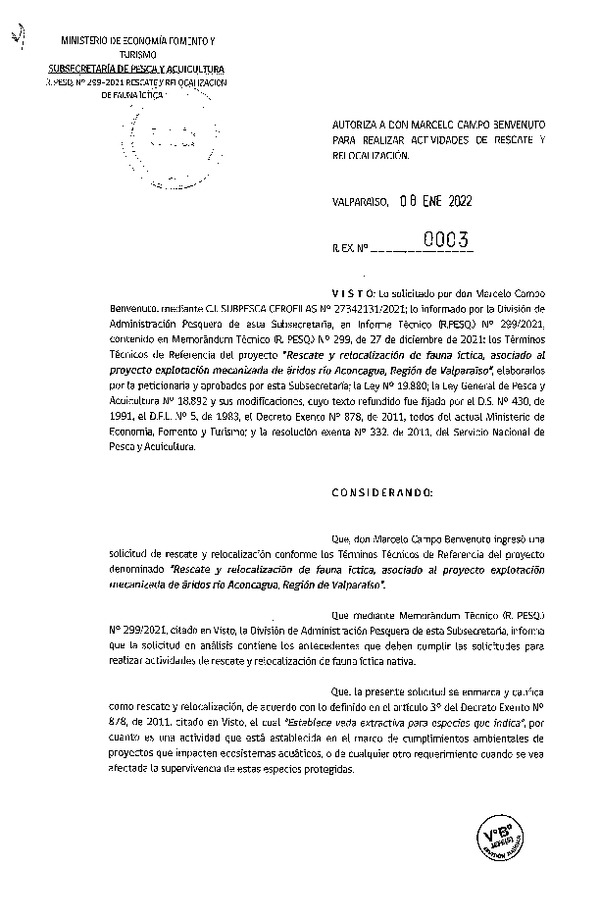 Res. Ex. N° 0003-2022 Rescate y Relocalización de Recursos bentónicos, Región de Valparaíso. (Publicado en Página Web 10-01-2022).