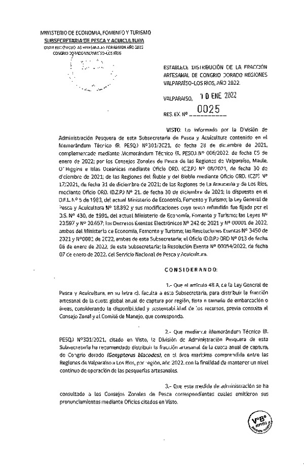Res. Ex. N° 0025-2022 Establece Distribución de la Fracción Artesanal de Congrio Dorado Regiones Valparaíso-Los Ríos, Año 2022. (Publicado en Página Web 11-01-2022)