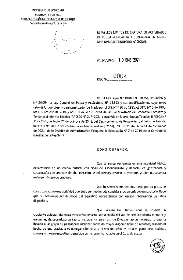 Res. Ex. N° 0004-2022 Establece Límites de Captura en Actividades de Pesca Recreativa y Submarina en Aguas Marinas del Territorio Nacional. (Publicado en Página Web 12-01-2022)