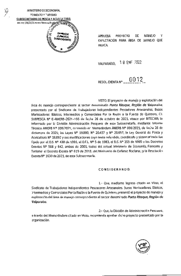 Res. Ex. N° 0012-2022 Autoriza plan de manejo. (Publicado en Página Web 12-01-2022)