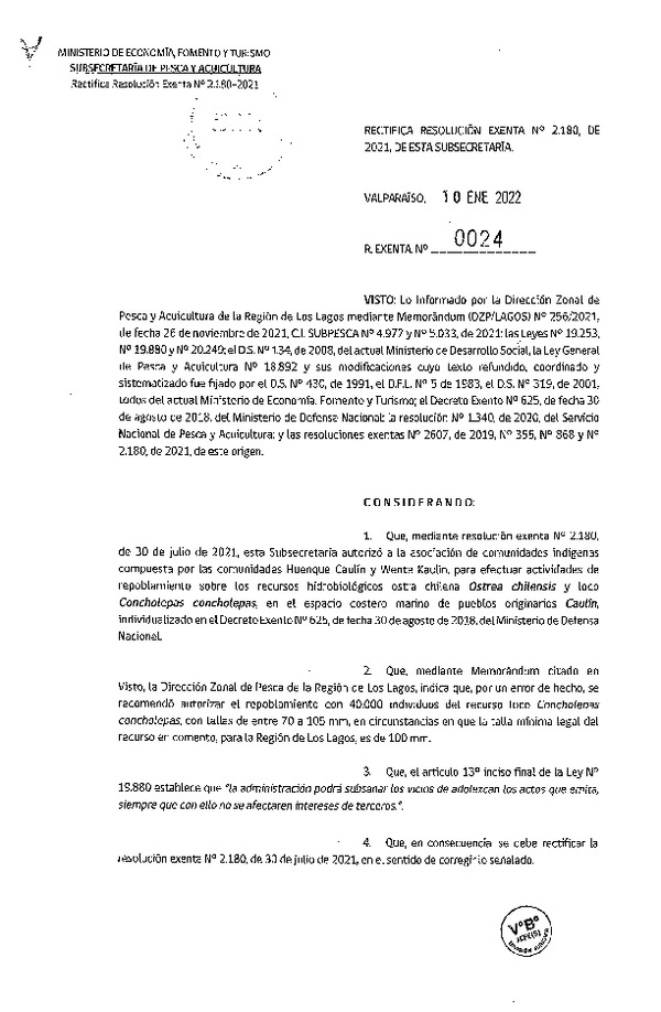 Res. Ex. N°0024-2022 Rectifica Res. Ex. N° 2180-2021 Autoriza actividades de repoblamiento en ECMPO Caulín, Región de Los Lagos. (Publicado en Página Web 12-01-2022)