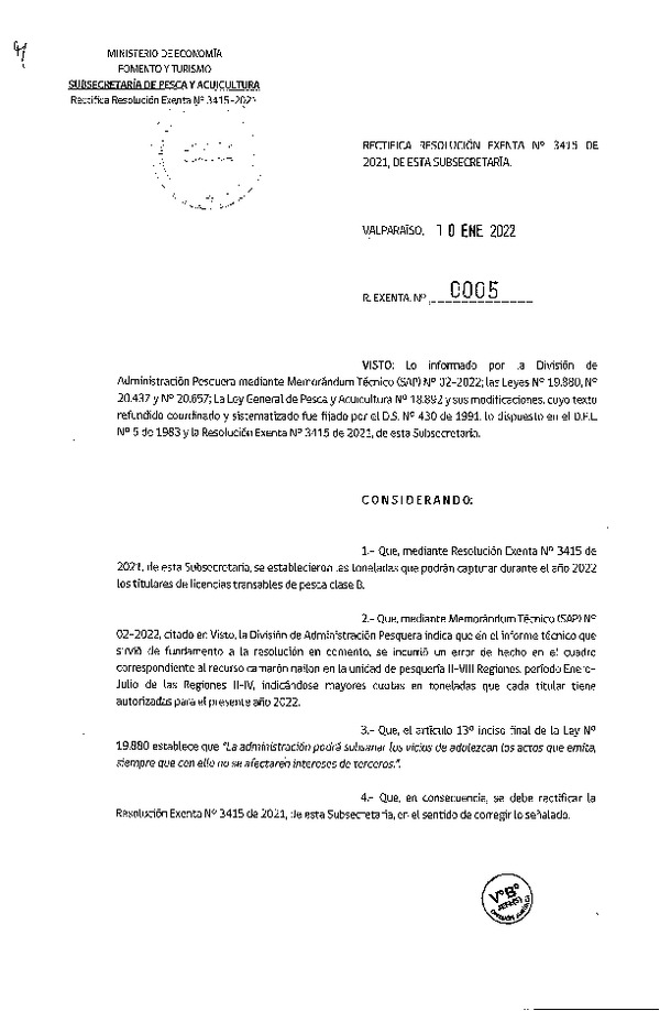 Res. Ex. N° 0005-2022 Rectifica Res. Ex. N° 3415-2021 Establece Toneladas para Titulares de LTP clase B Año 2022. (Publicado en Página Web 12-01-2022)