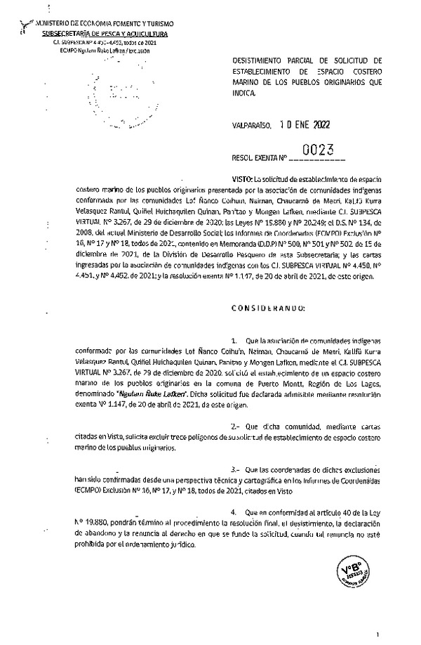 Res. Ex. N° 0023-2022 Desistimiento parcial de solicitud de establecimiento de ECMPO Nagulam Ñuke Lafken. (Publicado en Página Web 12-01-2022)