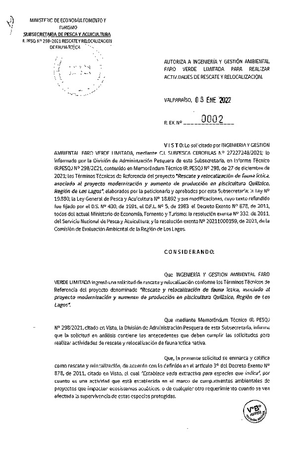 Res. Ex. N° 0002-2022 Rescate y Relocalización de Fauna íctica, Región de Los Lagos. (Publicado en Página Web 12-01-2022)