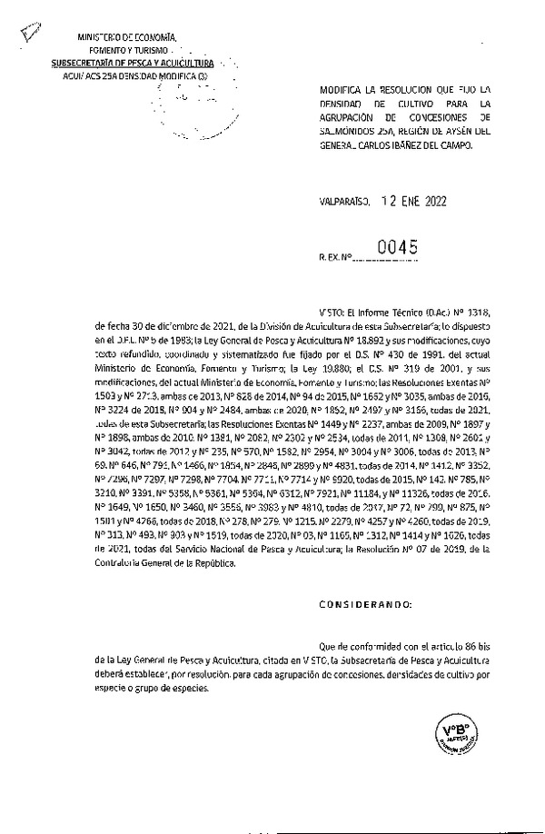 Res. Ex. N° 0045-2022 Modifica Res. Ex. N° 1852-2021 Fija densidad de cultivo para las agrupación de concesiones de salmónidos 25A en la Región de Aysén.(Con Informe Técnico) (Publicado en Página Web 13-01-2022)