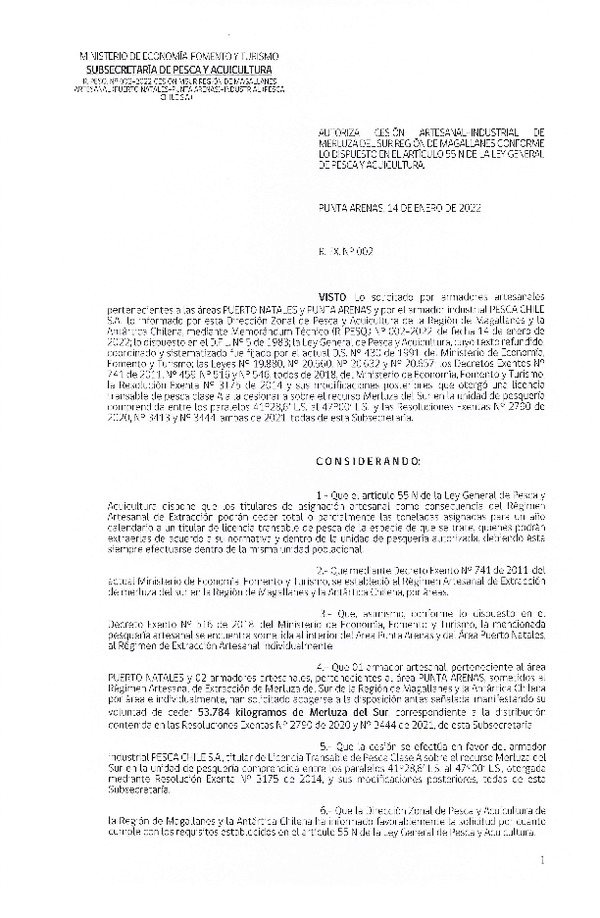 Res. Ex. N° 002-2021 (DZP Región de Magallanes) Autoriza cesión Merluza del Sur. (Publicado en Página Web 14-01-2022)