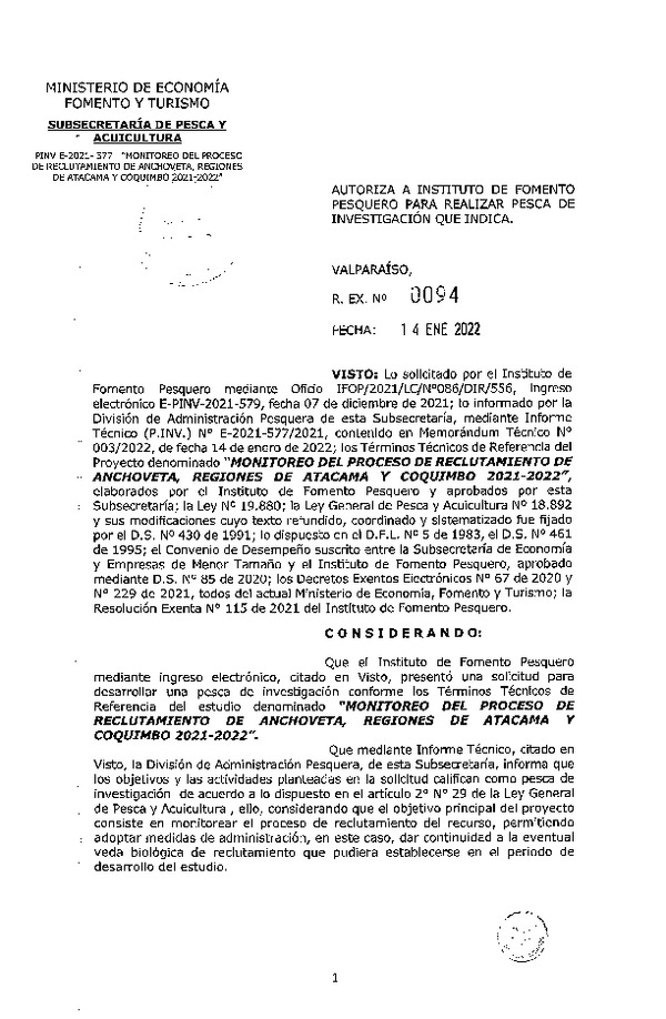 Res. Ex. N° 0094-2022 MONITOREO DEL PROCESO DE RECLUTAMIENTO DE ANCHOVETA, REGIONES DE ATACAMA Y COQUIMBO 2021-2022. (Publicado en Página web 14-01-2022)