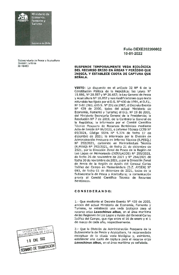 Dec. Ex. 202200002 Suspende Temporalmente Veda Biológica del Recurso Erizo en Áreas y Período que Indica, y Establece Cuota de Captura en la Región de Los Lagos y la Región de Aysén. (Publicado en Página Web 14-01-2022)