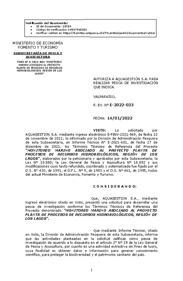 R. EX. Nº E-2022-033 MONITOREO MARINO ASOCIADO AL PROYECTO PLANTA DE PROCESOS DE RECURSOS HIDROBIOLÓGICOS, REGIÓN DE LOS LAGOS. (Publicado en Página Web 17-01-2022)