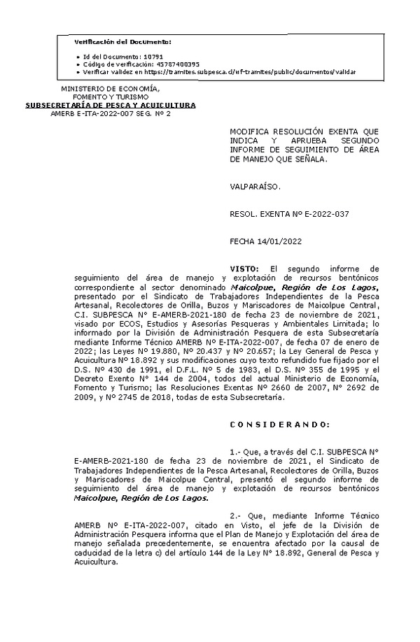 RESOL. EXENTA Nº E-2022-037 Modifica resolución que indica, Aprueba 2° seguimiento. (Publicado en Página Web 17-01-2022)