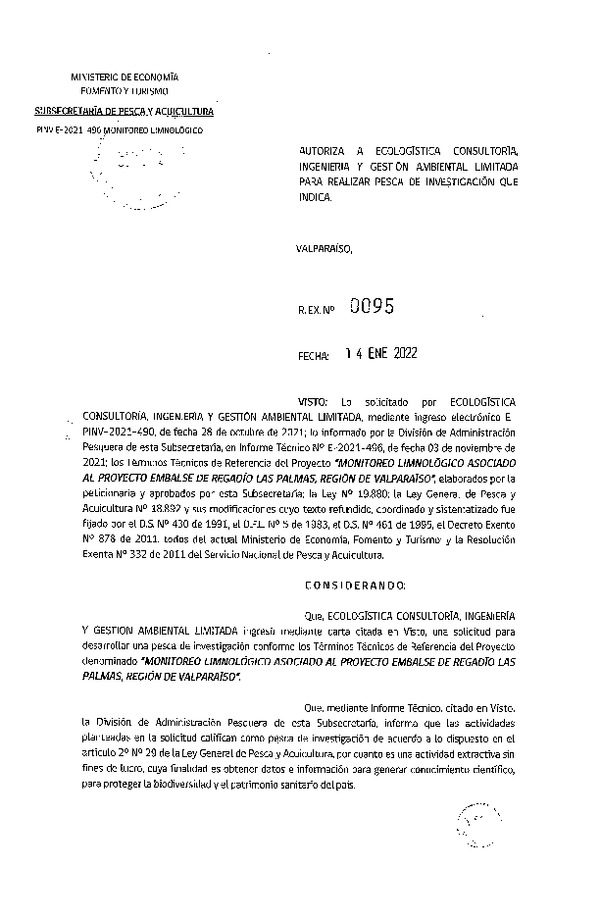 Res. Ex. N° 0095-2022 Monitoreo limnológico asociado al proyecto embalse de regadío Las Palmas, Región de Valparaíso. (Publicado en Página Web 17-01-2022)