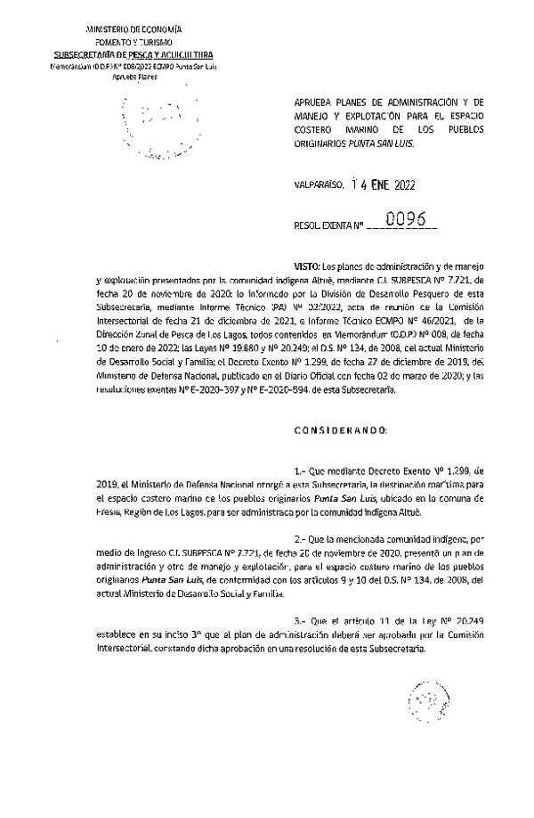 Res. Ex. N° 0096-2022 Aprueba Planes de Administración y de Manejo y Explotación para el ECMPO Punta San Luis. (Publicado en Página Web 17-01-2022)