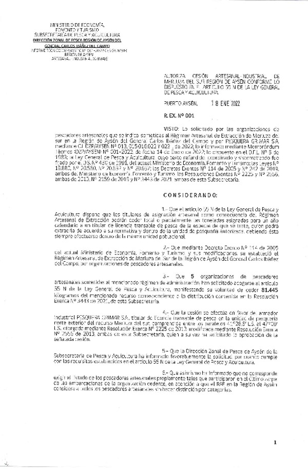 Res. Ex. N° 001-2022 (DZP Región de Aysén) Autoriza cesión Merluza del Sur. (Publicado en Página Web 19-01-2022)