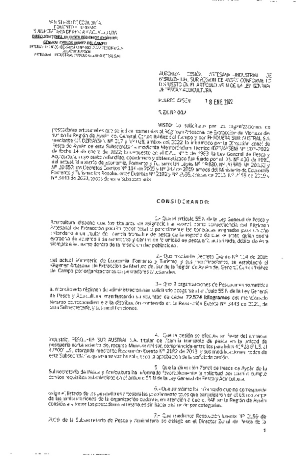 Res. Ex. N° 002-2022 (DZP Región de Aysén) Autoriza cesión Merluza del Sur. (Publicado en Página Web 19-01-2022)