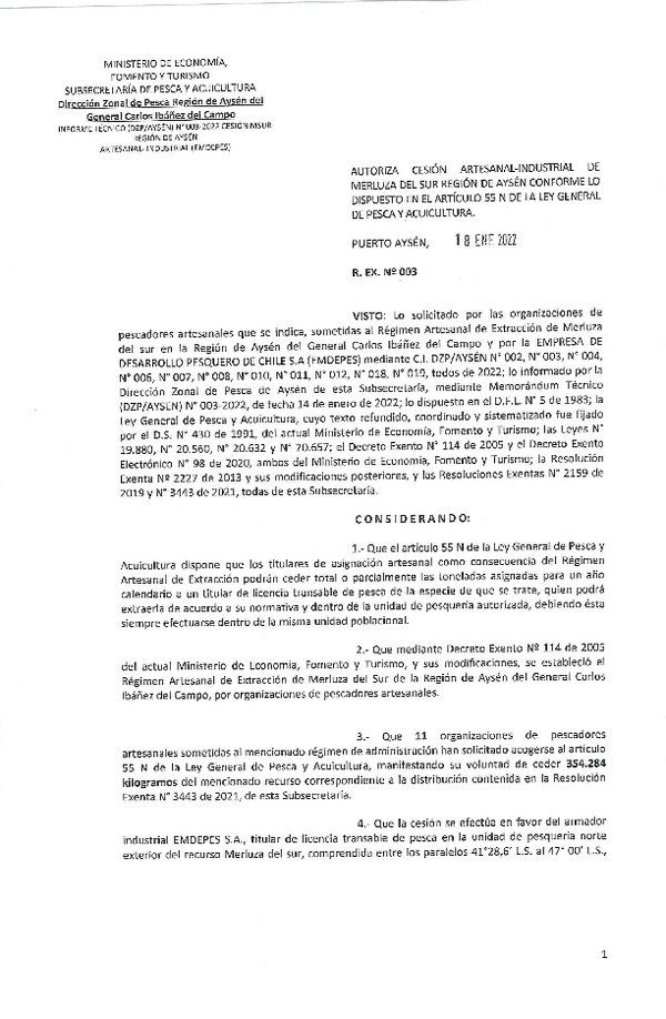Res. Ex. N° 003-2022 (DZP Región de Aysén) Autoriza cesión Merluza del Sur. (Publicado en Página Web 19-01-2022)