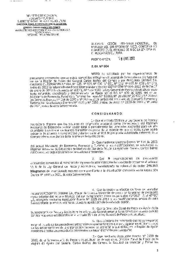 Res. Ex. N° 004-2022 (DZP Región de Aysén) Autoriza cesión Merluza del Sur. (Publicado en Página Web 19-01-2022)