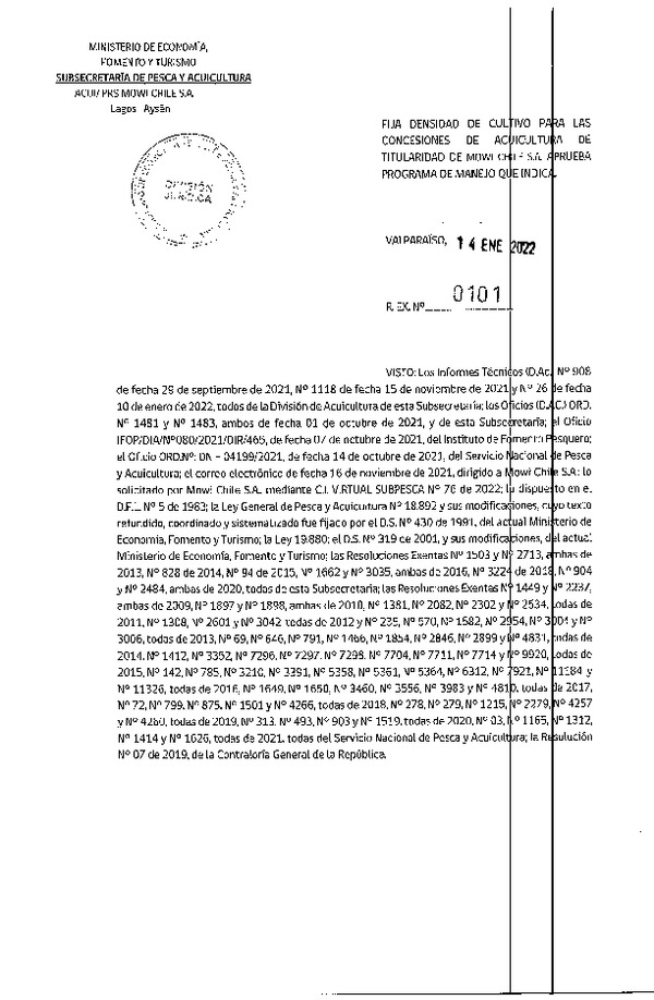 Res. Ex. N° 0101-2022 Fija densidad de cultivo para las concesiones de titularidad de Mowi Chile S.A. (Publicado en Página Web 19-01-2022)