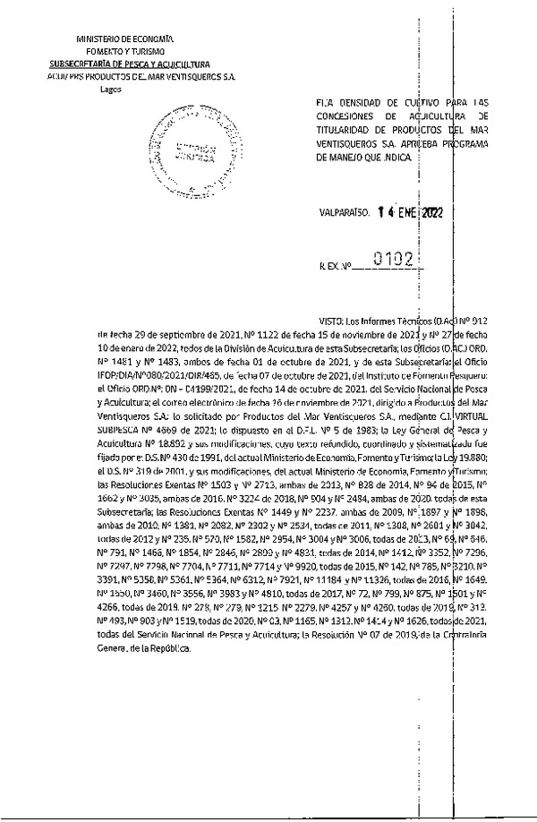 Res. Ex. N° 0102-2022 Fija densidad de cultivo para las concesiones de titularidad de Cultivos del Mar Ventisqueros S.A. (Publicado en Página Web 19-01-2022)