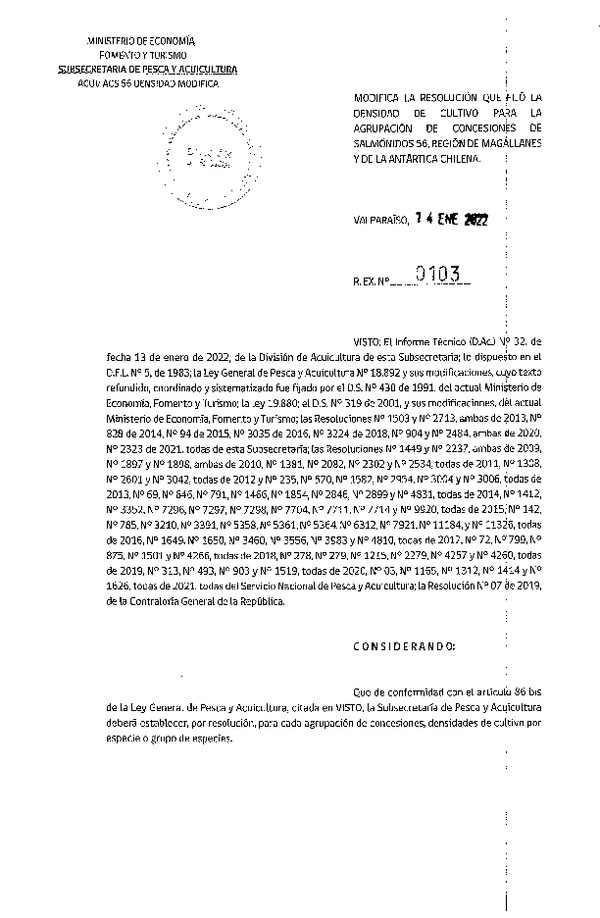 Res. Ex. N° 0103-2022 Modifica Res. Ex. N° 2323-2021 Fija densidad de cultivo para la agrupación de concesiones de salmónidos 56 en la Región de Magallanes y de La Antartica Chilena. (Con Informe Técnico) (Publicado en Página Web 19-01-2022)