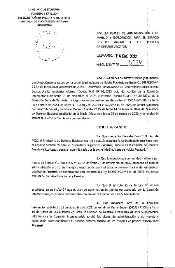 Res. Ex. N° 0119-2022 Aprueba Planes de Administración y de Manejo y Explotación para el ECMPO Pucatué. (Publicado en Página Web 19-01-2022)