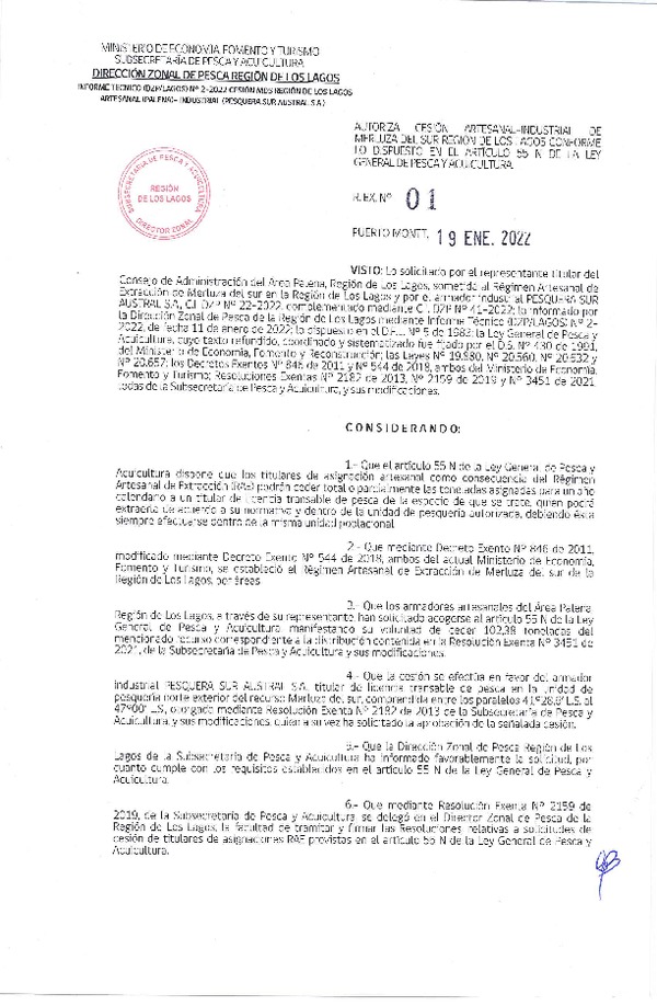 Res. Ex. N° 01-2022 (DZP Región de Los Lagos) Autoriza cesión Merluza del Sur (Publicado en Página Web 19-01-2022)