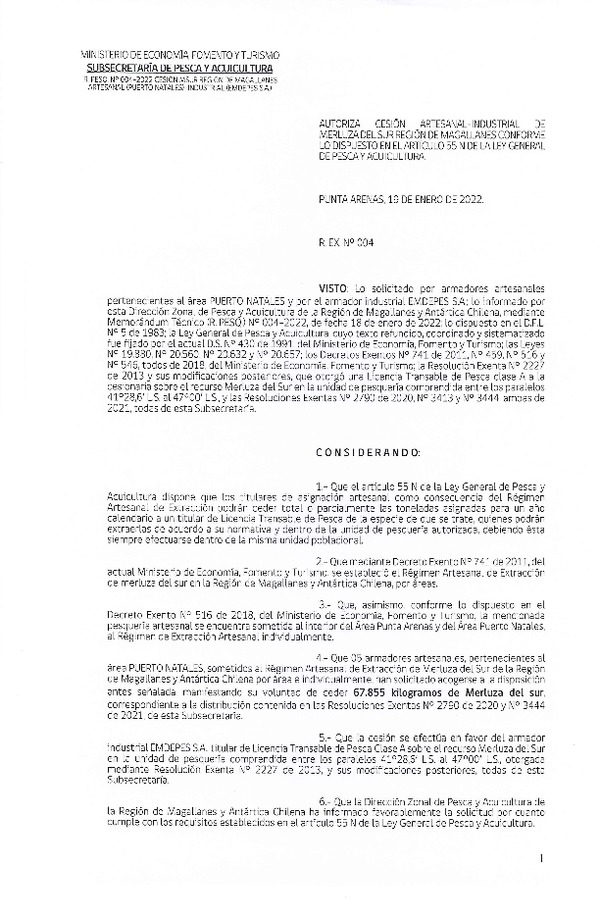 Res. Ex. N° 004-2021 (DZP Región de Magallanes) Autoriza cesión Merluza del Sur. (Publicado en Página Web 20-01-2022)