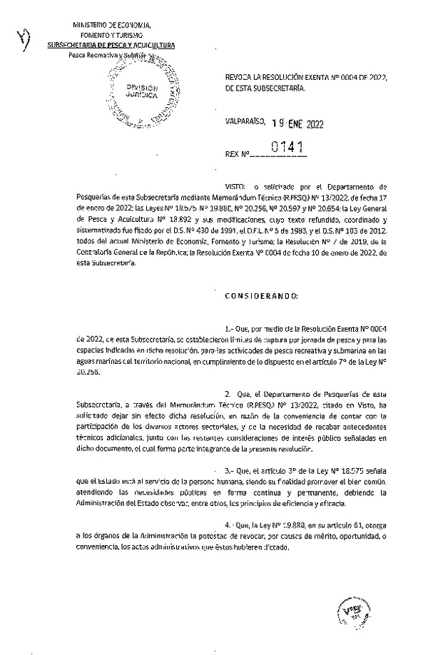 Res. Ex. N°  0141-2022 Revoca Res. Ex. N° 0004-2022 Establece Límites de Captura en Actividades de Pesca Recreativa y Submarina en Aguas Marinas del Territorio Nacional. (Publicado en Página Web 20-01-2022).