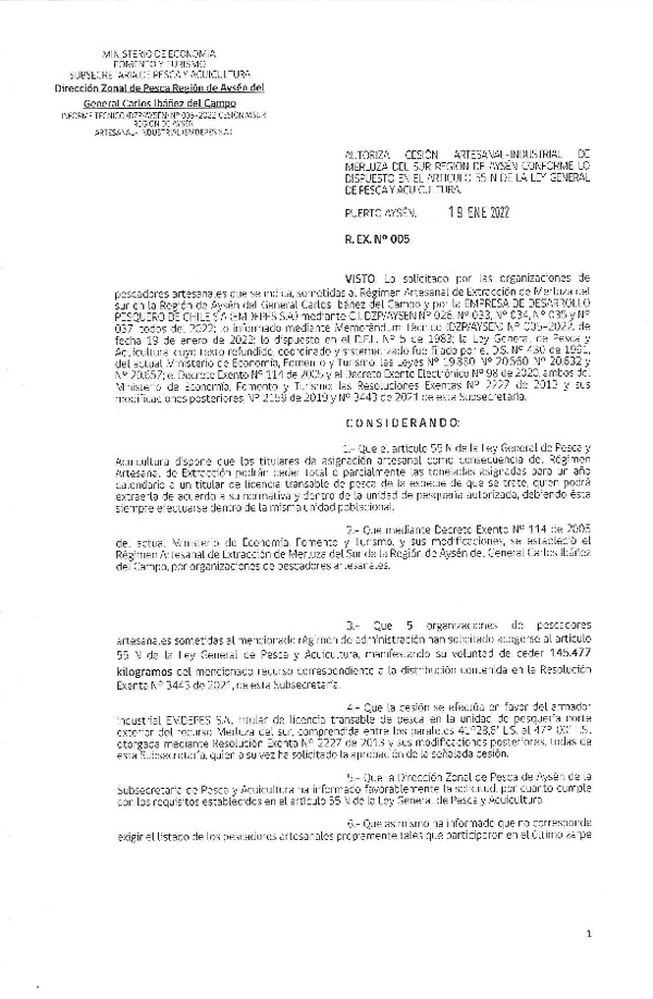 Res. Ex. N° 005-2022 (DZP Región de Aysén) Autoriza cesión Merluza del Sur. (Publicado en Página Web 20-01-2022)