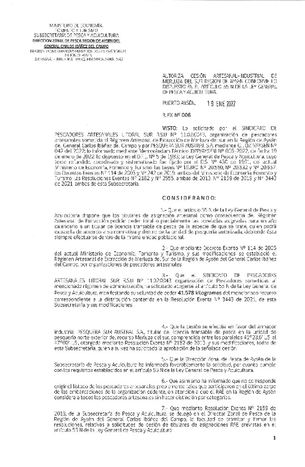 Res. Ex. N° 006-2022 (DZP Región de Aysén) Autoriza cesión Merluza del Sur. (Publicado en Página Web 20-01-2022)