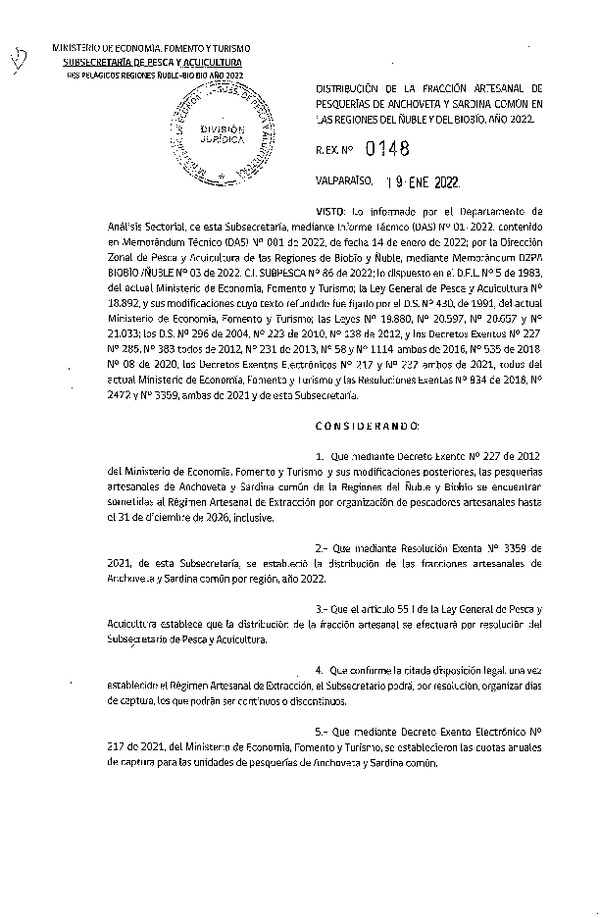 Res. Ex. N° 0148-2022 Distribución de la fracción artesanal de Pesquería de Anchoveta y Sardina Común en las regiones del Ñuble y del Biobío, Año 2022. (Publicado en Página Web 20-01-2022)