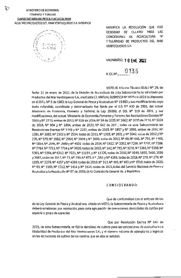 Res. Ex. N° 0135-2022 Modifica Res. Ex N° 642-2021 Fija densidad de cultivo para Productos del Mar Ventisqueros S.A. (Con Informe Técnico) (Publicado en Página Web 20-01-2022)