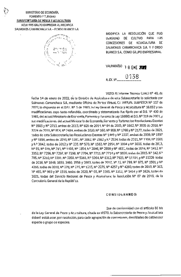 Res. Ex. N° 0138-2021 Modifica Res. Ex. 160-2021 Fija densidad de cultivo para concesiones de acuicultura de titularidad como grupo empresarial que señala. (Con Informe Técnico) (Publicado en Página Web 20-01-2022)