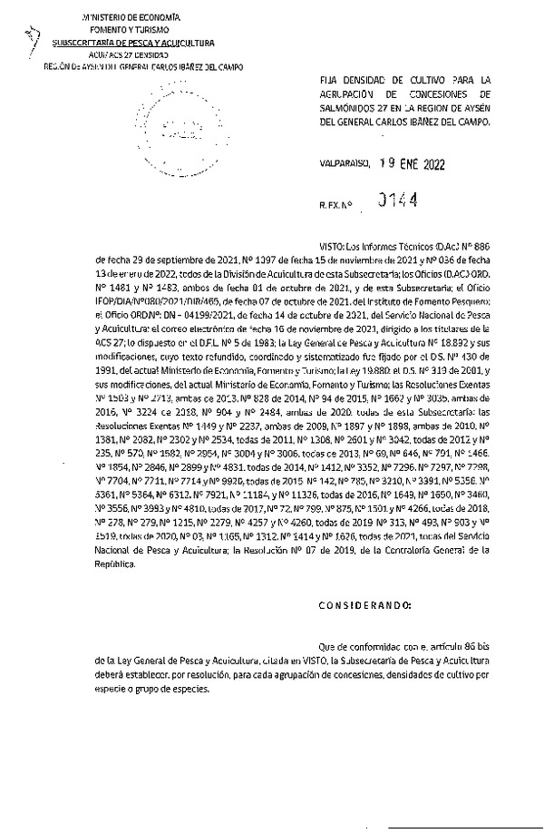 Res. Ex. N° 0144-2021 Fija densidad de cultivo para las agrupación de concesiones de salmónidos 27 en la Región de Aysén. (Publicado en Página Web 20-01-2022)