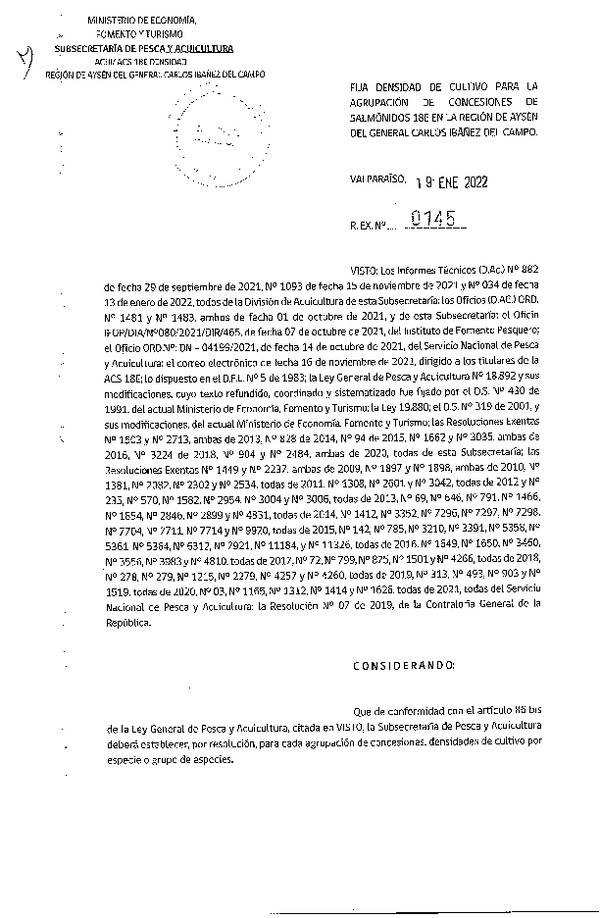 Res. Ex. N° 0145-2021 Fija densidad de cultivo para las agrupación de concesiones de salmónidos 18E en la Región de Aysén. (Publicado en Página Web 20-01-2022)