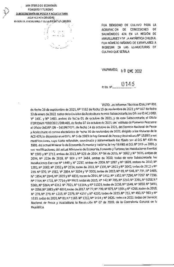 Res. Ex. N° 0146-2021 Fija densidad de cultivo para las agrupación de concesiones de salmónidos 47A en la Región de Magallanes y de La Antártica Chilena. (Publicado en Página Web 20-01-2022)