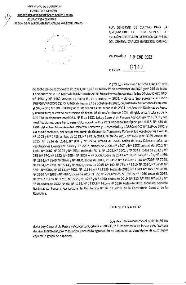 Res. Ex. N° 0147-2021 Fija densidad de cultivo para las agrupación de concesiones de salmónidos 23A en la Región de Aysén. (Publicado en Página Web 20-01-2022)