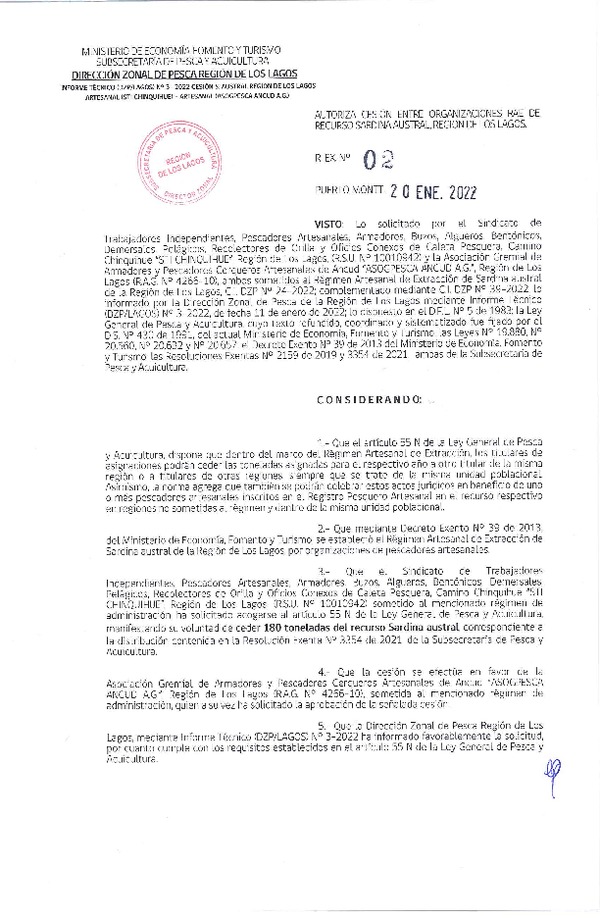 Res. Ex. 02-2022 (DZP Los Lagos) Autoriza cesión sardina austral Región de Los Lagos. (Publicado en Página Web 20-01-2022)