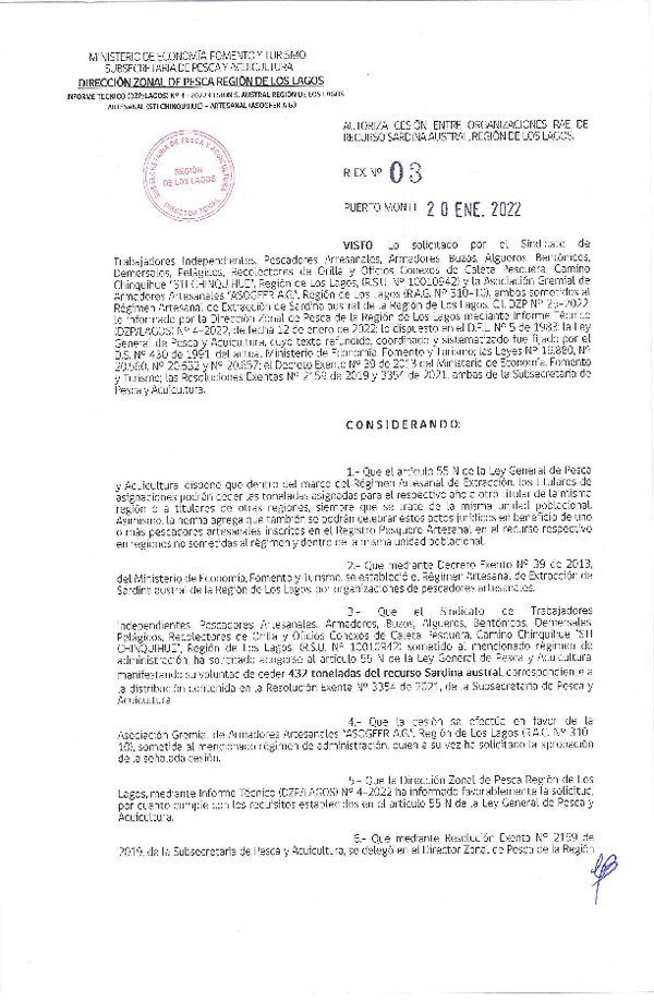 Res. Ex. 03-2022 (DZP Los Lagos) Autoriza cesión sardina austral Región de Los Lagos. (Publicado en Página Web 20-01-2022)