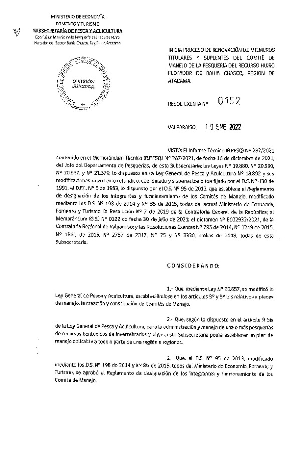 Res. Ex. N° 0152-2022 Inicia Proceso de Designación de Miembros Titulares y Suplentes del Comité de Manejo de la Pesquería del Recurso Huiro Flotador de Bahía Chasco, Región de Atacama. (Publicado en Página Web 20-01-2022)