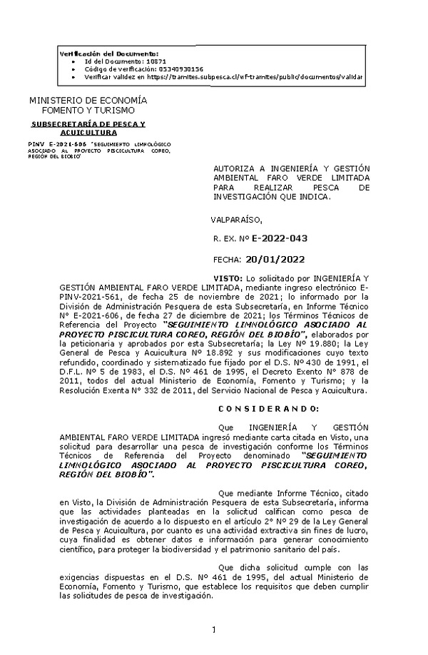 R. EX. Nº E-2022-043 SEGUIMIENTO LIMNOLÓGICO ASOCIADO AL PROYECTO PISCICULTURA COREO, REGIÓN DEL BIOBÍO. (Publicado en Página Web 20-01-2022)